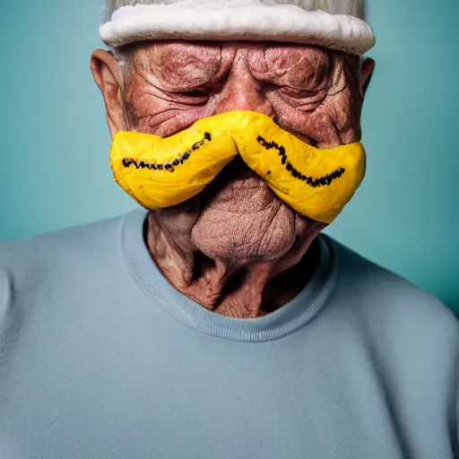 Prompt: an elderly man wearing a mask made from a doughnut, bold natural colors, national geographic photography, masterpiece, 8 k, raw, unedited, symmetrical balance