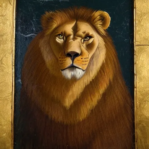 Image similar to a renaissance style portrait painting of lion Bear hybrid