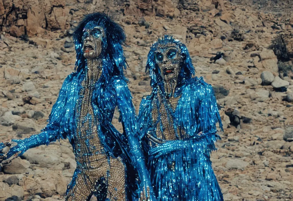 Image similar to mick jagger dressed in blue costume with many jewels in a dry rocky desert landscape, ultradetailed alien city and alien spaceship in the style of giger, filmed by christopher doyle and alejandro jodorowsky, anamorphic lens, kodakchrome, cinematic composition, masterpiece, 8 k