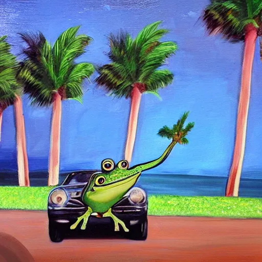 Prompt: photo of a frog in a tuxedo driving car, oil painting, portrait, palm trees