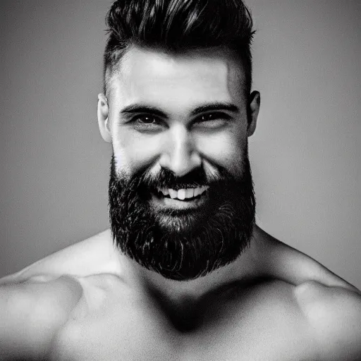 Prompt: Black and white photography of a very muscular fox smiling with a chiseled jawline and trimmed beard
