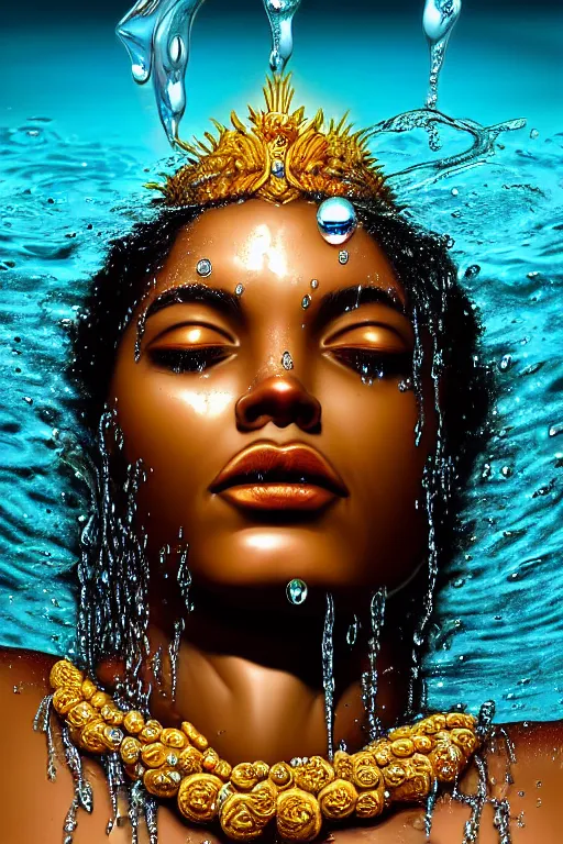 Prompt: hyperrealistic photorealist cinematic super expressive! oshun goddess immersed in water!, mirror dripping droplet, gold ornate jewely, highly detailed face, digital art masterpiece, smooth eric zener cam de leon, dramatic pearlescent turquoise light on one side, low angle uhd 8 k, shallow depth of field