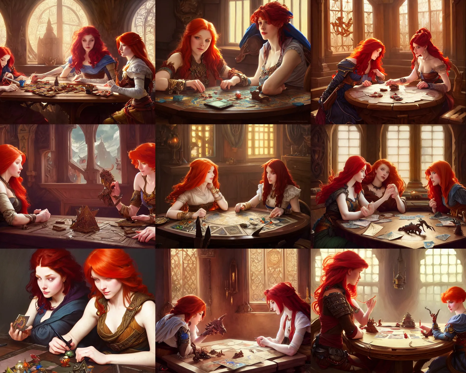 Prompt: redheaded girls sitting at table playing dnd, deep focus, d & d, fantasy, intricate, elegant, highly detailed, digital painting, artstation, concept art, matte, sharp focus, illustration, hearthstone, art by artgerm and greg rutkowski and alphonse mucha.