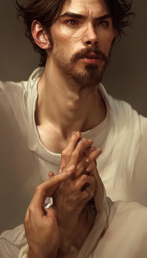 Image similar to portrait of homely man, dreamy and ethereal, goofy expression, side angle, intricate, elegant, highly detailed, digital painting, artstation, concept art, smooth, sharp focus, illustration, art by artgerm and greg rutkowski and alphonse mucha