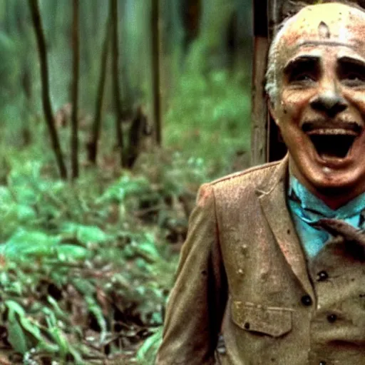 Image similar to cinematic still of charlie chaplin, covered in mud and watching a predator in a swamp in 1 9 8 7 movie predator, hd, 4 k