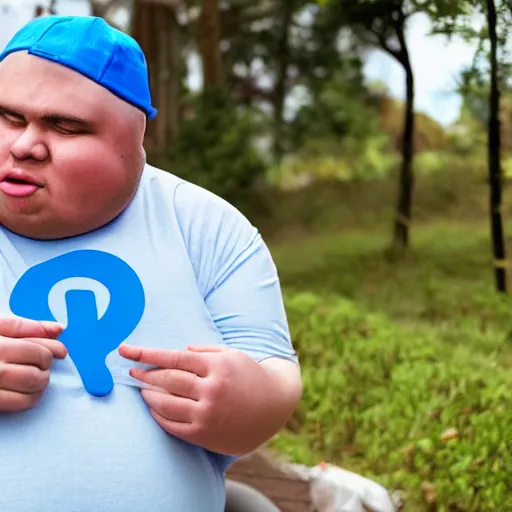 Image similar to crying obese man wearing a blue cap with a P on it