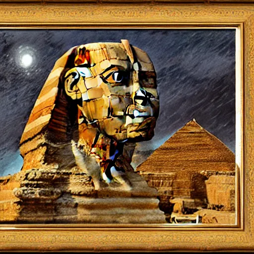 Image similar to an oil painting of the great sphinx of giza, with a human face a storm in the sky, sepia colors, impasto, wooden frame, 1 8 0 0's, sense of majestic epic wonder