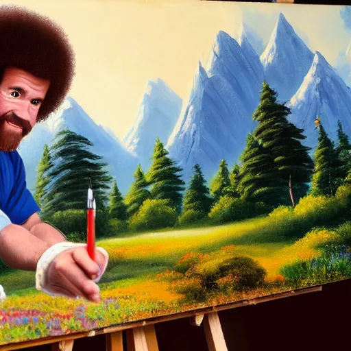 Image similar to a closeup photorealistic photograph of bob ross working on a canvas painting of mickey mouse. film still. brightly lit scene. mountains and trees. this 4 k hd image is trending on artstation, featured on behance, well - rendered, extra crisp, features intricate detail, epic composition and the style of unreal engine.