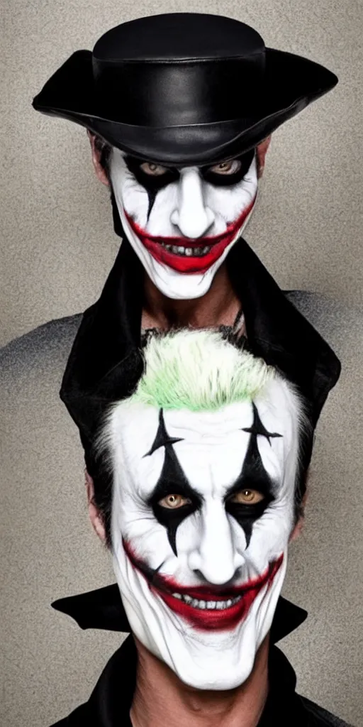 Image similar to a male model wearing a black leather hat in joker makeup, frontal view, cool looking