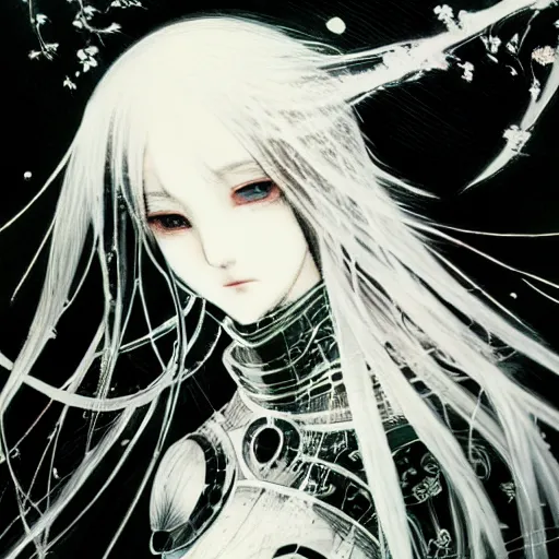 Image similar to yoshitaka amano blurred and dreamy illustration of an anime girl with black eyes, wavy white hair and cracks on her face wearing elden ring armour with the cape fluttering in the wind, abstract black and white patterns on the background, noisy film grain effect, highly detailed, renaissance oil painting, weird portrait angle