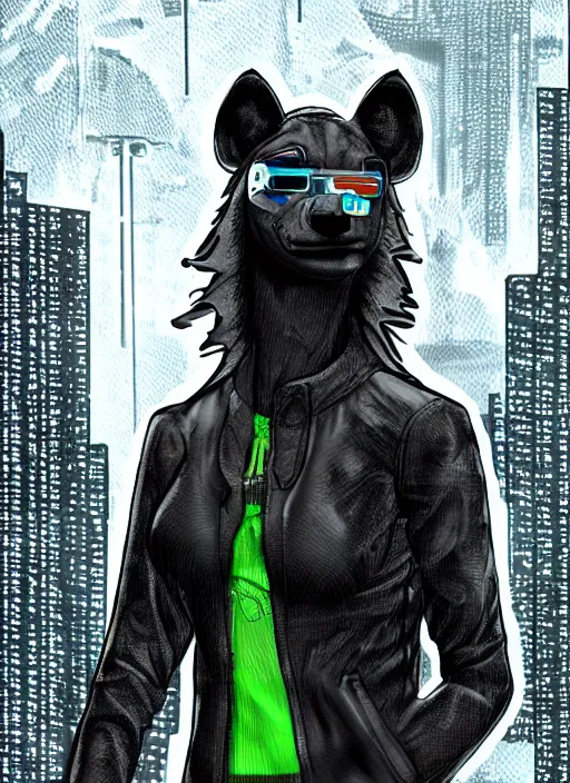Image similar to digital drawing of anthromorphic hyena female drawn in cell shaded, fursona, furry fandom, neon rainy cyberpunk setting, anthro, wearing cyberpunk 2 0 7 7 jacket, detailed face,