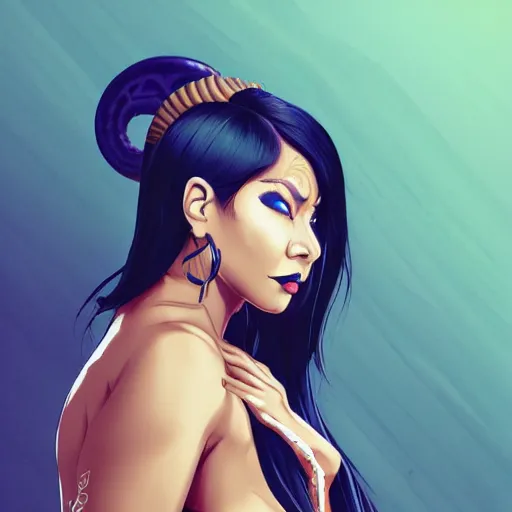 Image similar to illustrated portrait of ram-horned devil woman with blue bob hairstyle and tanned colored skin and with solid black eyes wearing leather by rossdraws