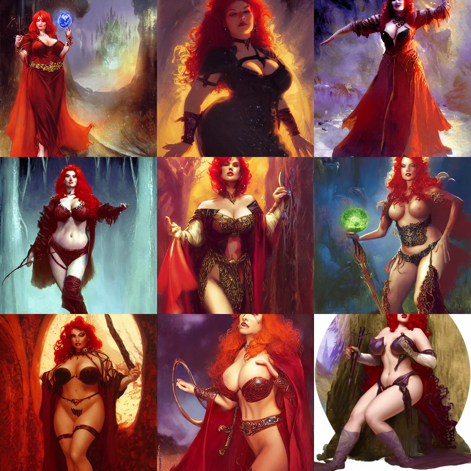 Prompt: a villainous, bewitching, domineering curvy sorceress with a scrying orb, auburn outfit, red hair, fantasy portrait by craig mullins, gaston bussiere, larry elmore
