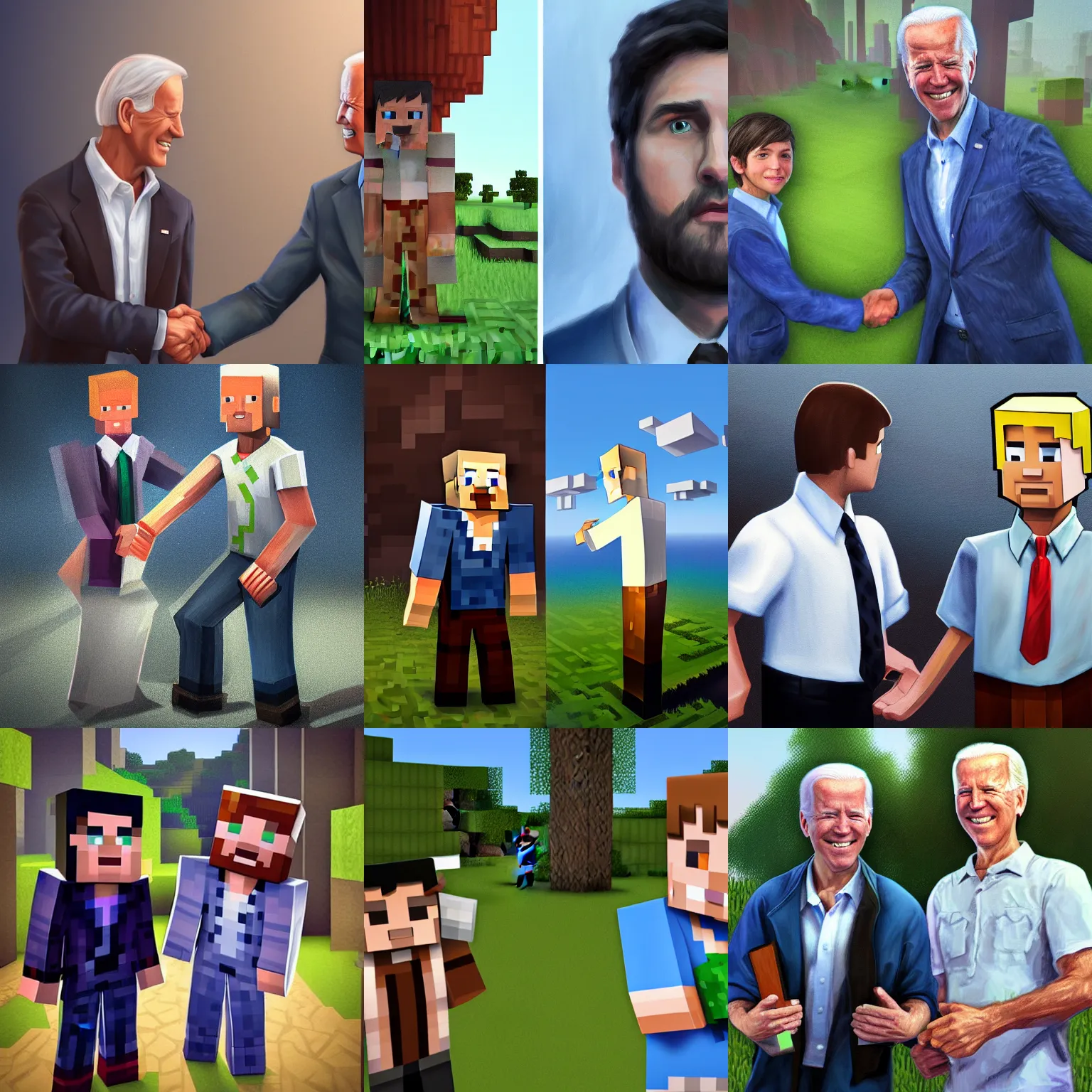 Prompt: Minecraft Steve meets photorealistic Joe Biden, digital art, trending on artstation, oil painting