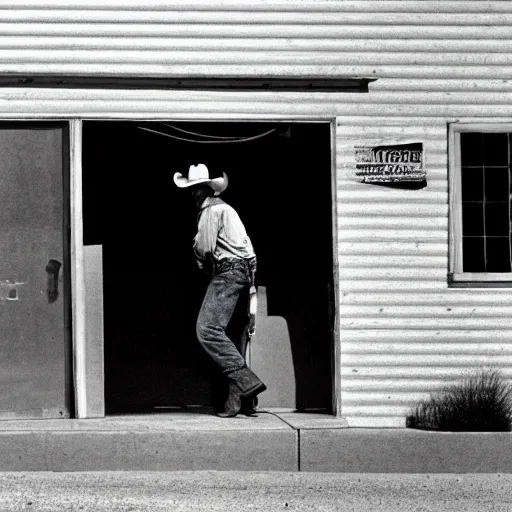 Image similar to a cowboy going through the door of an old gas station, Joshua Tree Park, dust flying, cinematography by Roger Deakins in cinemascope