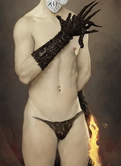 Image similar to character concept portrait of an attractive young smirking Spanish wizard with pale white skin and wearing parital skeleton mask while enchanting a dark seduction spell, a floating burning spell book in the center, intricate, elegant, digital painting, concept art, smooth, sharp focus, illustration, from Metal Gear, by Ruan Jia and Mandy Jurgens and William-Adolphe Bouguereau, Artgerm