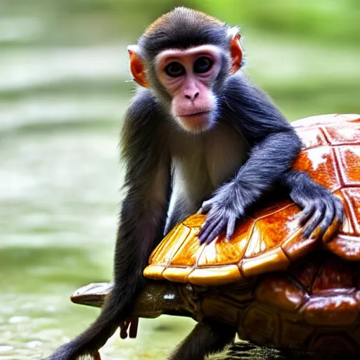 Image similar to a monkey sitting on the back of a turtle