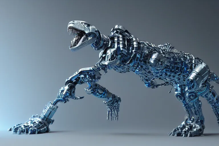 Prompt: futuristic metal cybernetic!! t - rex!!! white blue grey, octane render, studio light,