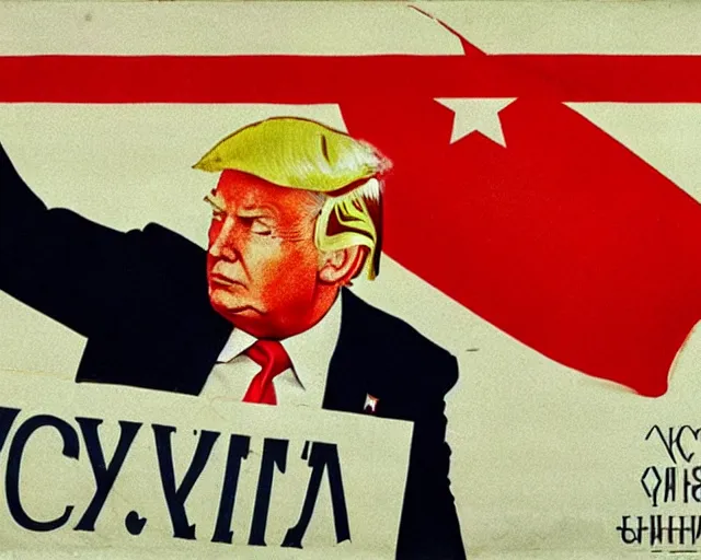 Image similar to Donald Trump waving the soviet flag on a communist propaganda poster, highly detailed soviet art