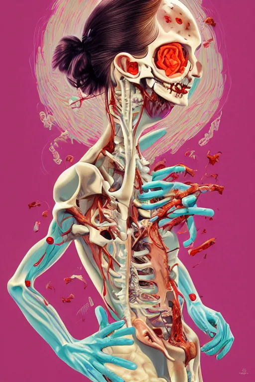 Image similar to a smiling cute zombie woman peeling exposed bones skin and wavy hair, tristan eaton, victo ngai, artgerm, rhads, ross draws