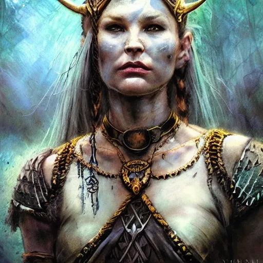 Prompt: Official photo of an attractive majestic fierce viking woman, leader, ethereal, fear, scarred, highly detailed, viking attire, cinematic, 16k, 1080s, by Stanley Artgermm, Tom Bagshaw, Greg Rutkowski, Vincent di Fate, Carne Griffiths, Ayami Kojima, WLOP, trending on DeviantArt, hyper detailed, full of color, digital art,