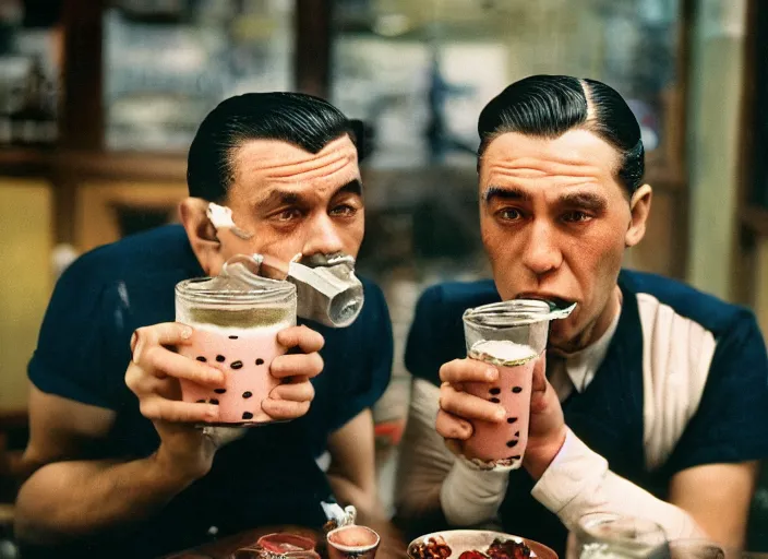 Prompt: a 35mm photograph from the 1930's of two mean looking gangsters sharing a milkshake with two straws, bokeh, Canon 50mm, cinematic lighting, photography, retro, film, Kodachrome, closeup