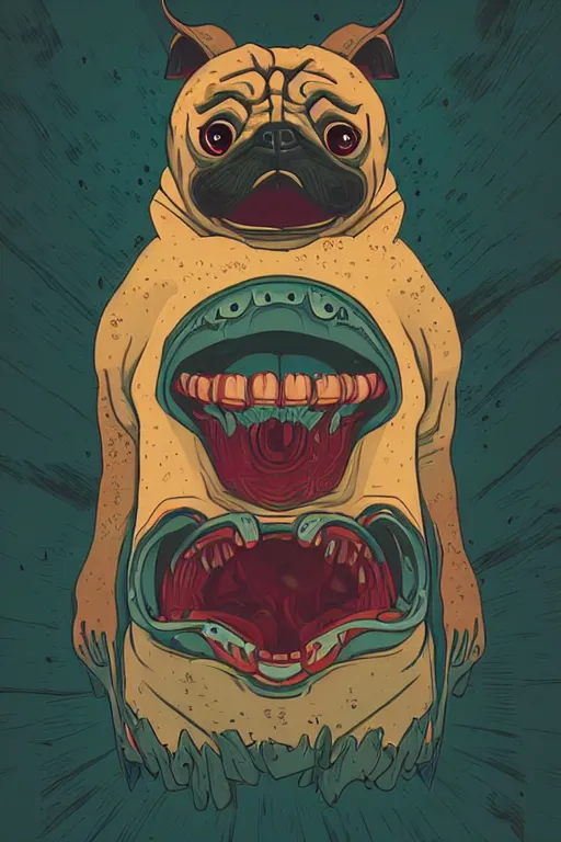 Image similar to demon pug eating flesh. art by mike winkelmann, sticker, colorful, illustration, highly detailed, simple, smooth and clean vector curves, no jagged lines, vector art, smooth