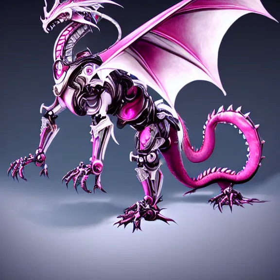 Image similar to highly detailed exquisite fanart, of a beautiful female warframe, but as an anthropomorphic elegant robot female dragon, shiny white silver plated armor engraved, robot dragon head, Fuchsia skin beneath the armor, sharp claws, long sleek tail behind, robot dragon hands and feet, two arms and legs, elegant pose, close-up shot, full body shot, epic cinematic shot, professional digital art, high end digital art, singular, realistic, DeviantArt, artstation, Furaffinity, 8k HD render, epic lighting, depth of field