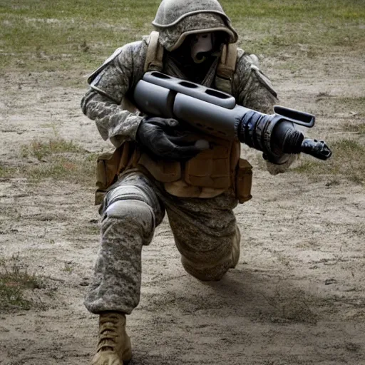 Image similar to « detailed ground drone soldier caring a heavy white gun detailled »