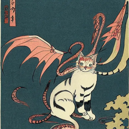 Image similar to a beautiful cat with dragon wings, illustration by hokusai