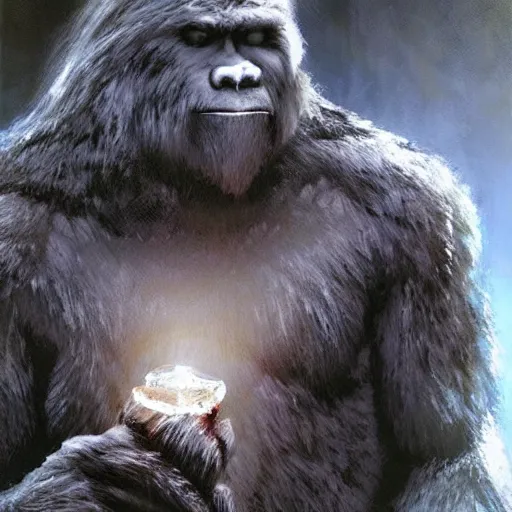 Prompt: slightly melting bigfoot holding a crystal orb hyperdetailed hyerrealistic illustration craig mullins yoji shinkawa