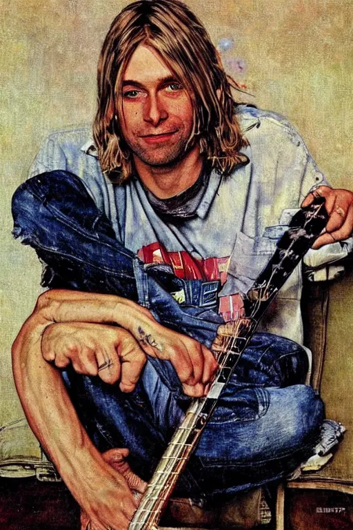 Image similar to kurt cobain from nirvana painted by norman rockwell