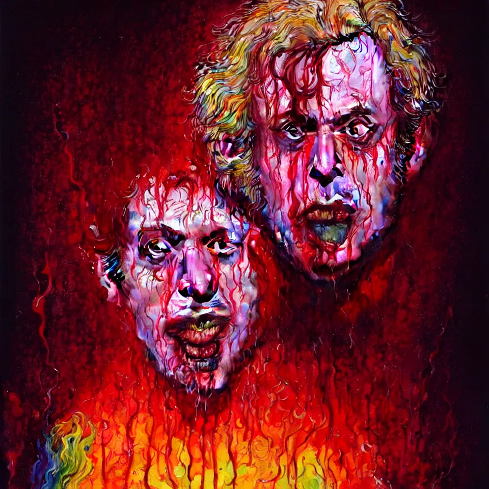Prompt: bright psychedelic charlie kaufman eating rotten flesh, crying tears of blood and puking, diffuse lighting, fantasy, intricate, elegant, highly detailed, lifelike, photorealistic, digital painting, artstation, illustration, concept art, smooth, sharp focus, art by francis bacon