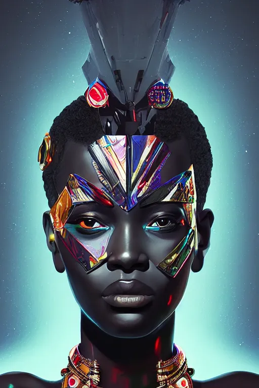 Image similar to portrait of the African Android Queen, by DC comics and Sandra Chevrier and beeple, artstation, volumetric lighting, hyperrealism, 4k UHD