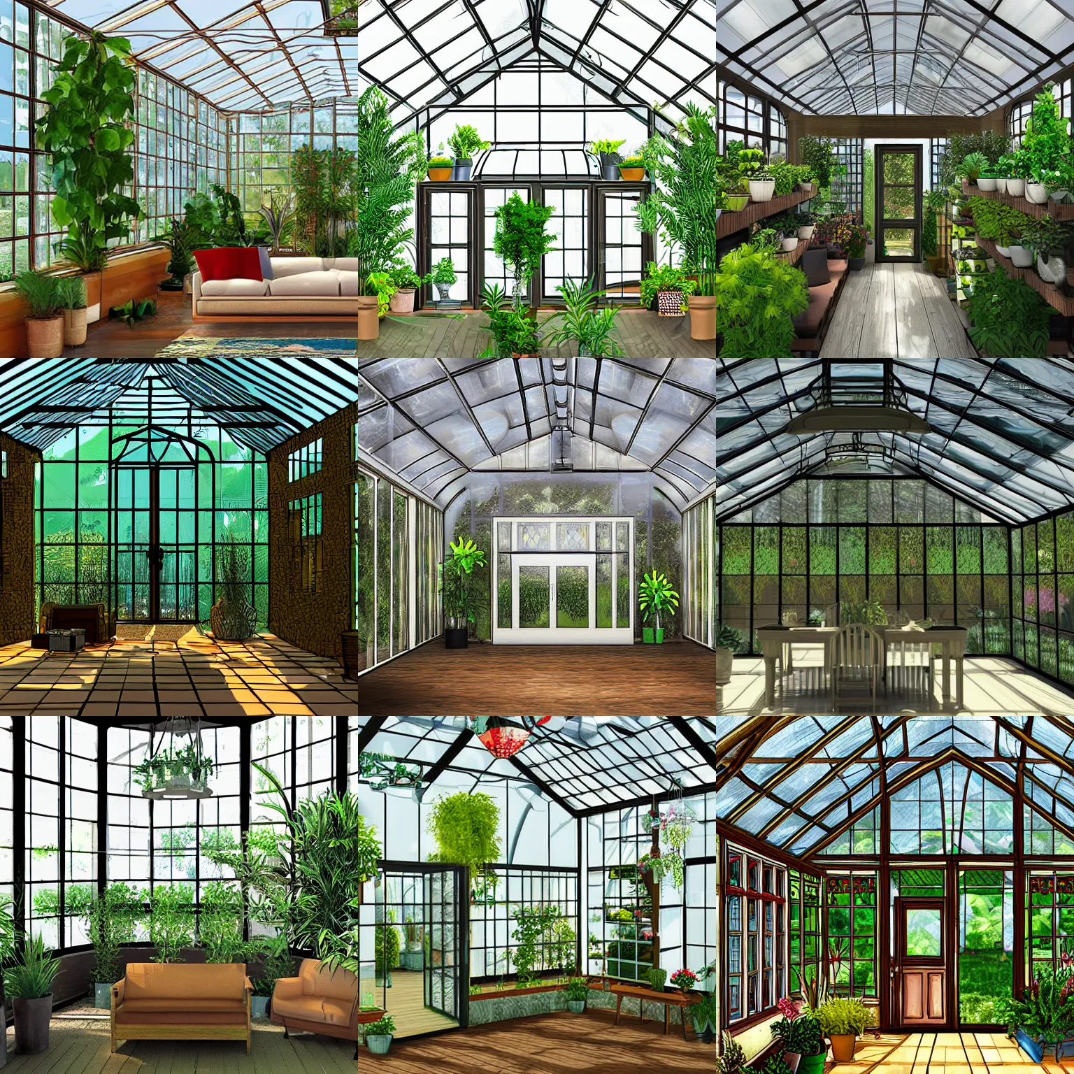 Prompt: digital art, interior view of a cozy greenhouse inside a 19th residence, HD, detailed