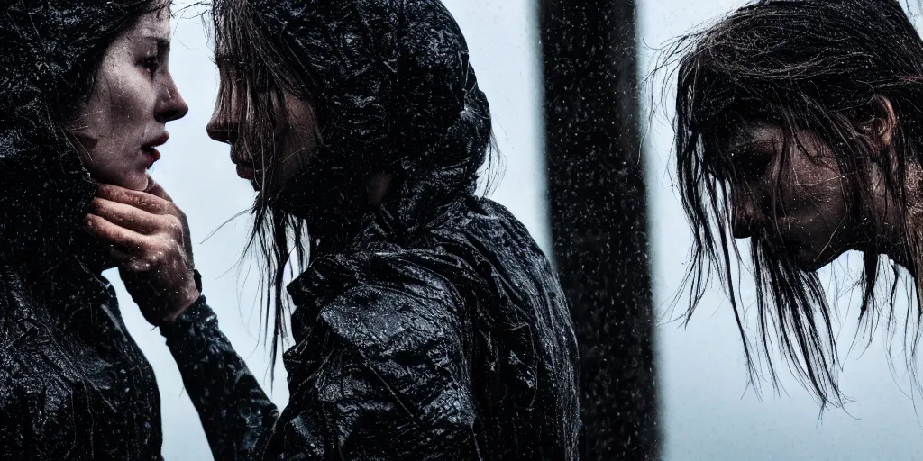 Prompt: cinestill 5 0 d candid photographic portrait by christopher nolan of two loving female androids sobbing wearing rugged black mesh techwear in treacherous waters, extreme closeup, modern cyberpunk moody emotional cinematic, pouring rain menacing lights shadows, 8 k, hd, high resolution, 3 5 mm, f / 3 2, ultra realistic faces, ex machina