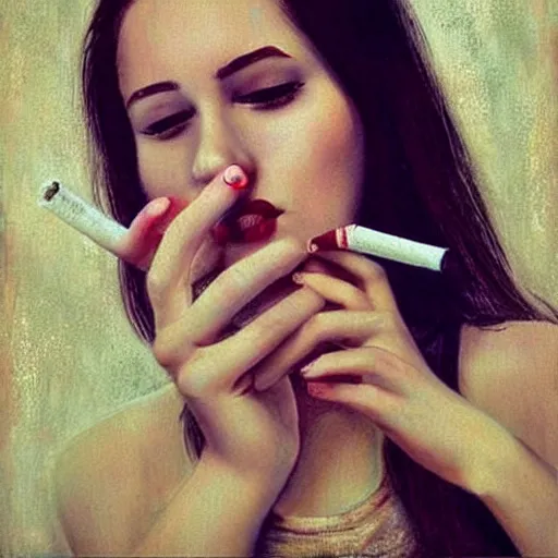 Prompt: Very very very very detailed, very very very very realistic artistic art of woman hand that holding cigarette between her fingers, by very very very very talented artist in very very very very aesthetic style