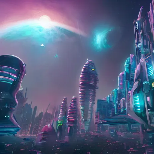 Prompt: Futuristic city in space, colorful, 4k, trending on artstation,
