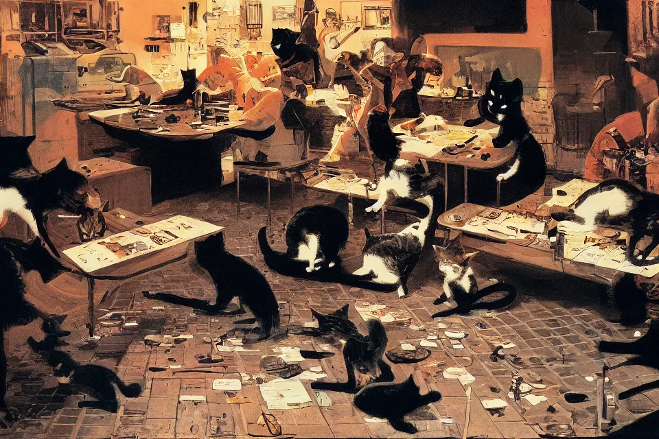 Image similar to cats rolling dice with rats, neon basement, by syd mead