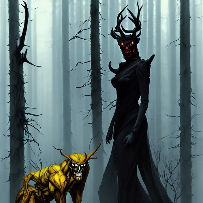 Image similar to style artgerm, joshua middleton, rafael albuquerque, peter mohrbacher : : scary wendigo with antlers and skull face mixed with werewolf : : [ [ beautiful female witch wearing a black dress, yellow eyes, symmetrical face, on the right side ] ] : : in the forest, detailed, dark and foggy, cinematic lighting