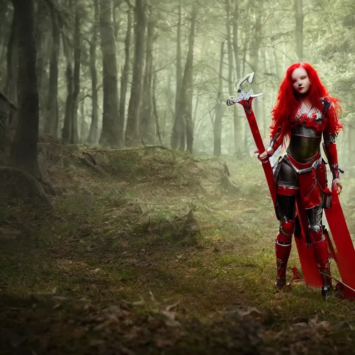 Image similar to a girl with long red hair wearing a red plate armor and hding a big red sword in a forest, 3d render, octane render, unreal engine 5, 8k hdr, hyperrealistic, highly detailed, high quality, concept art, trending on Artstation