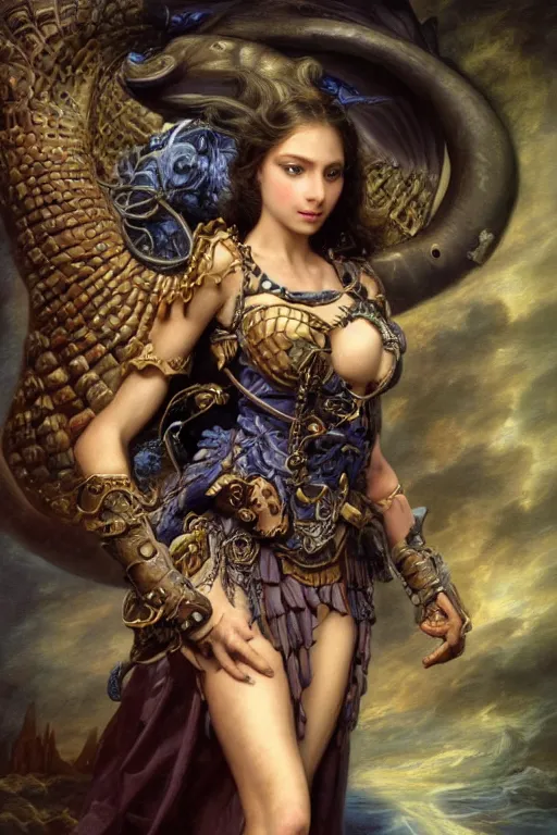 Image similar to Mystical Valkyrie, Portrait of a beautiful female Atlantean Reptilian Warrior, Realistic, Regal, Refined, Detailed Digital Art, Elisabeth-Louise Vigee Le Brun, Michael Cheval, François Boucher, Oil Painting, Steampunk, Walt Disney (1937), Highly Detailed, Cinematic Lighting, Unreal Engine, 8k, HD