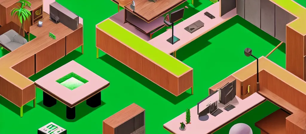 Prompt: huge gargantuan angular dimension of infinite indoor 7 0 s green velvet and wood with metal furniture office scenario. surrealism, mallsoft, vaporwave, trending on artstation, shot from above, axonometric camera perspectic, epic scale by escher