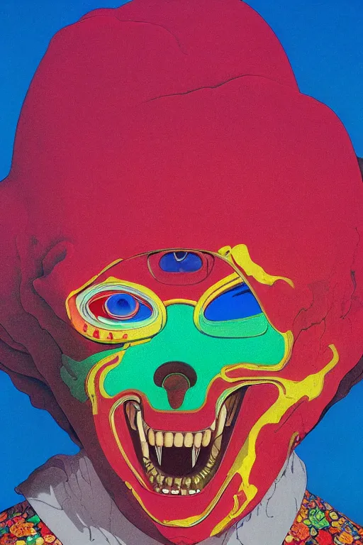 Prompt: a colorful vibrant closeup portrait of a phantom of the paradise licking a tab of lsd acid on his tongue and dreaming psychedelic hallucinations, by kawase hasui, moebius, edward hopper and james gilleard, zdzislaw beksinski, steven outram colorful flat surreal design, hd, 8 k, artstation