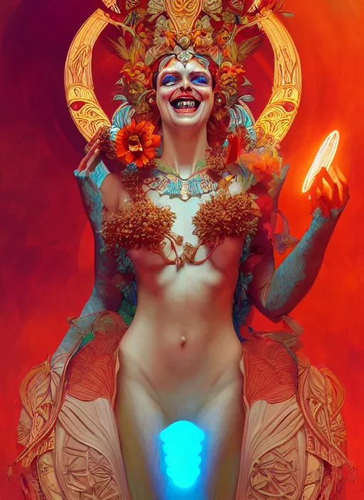 Image similar to the goddess hera laughing maniacally, paper tunic, glowing eyes, volumetric lights, red and cyan theme, art nouveau botanicals, intricate, highly detailed, digital painting, artstation, concept art, smooth, sharp focus, cinematic, illustration, art by artgerm and greg rutkowski and alphonse mucha