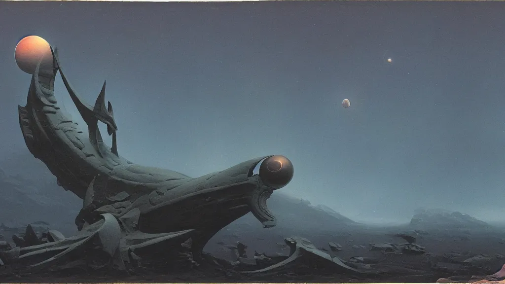 Image similar to mysterious sculpture of an alien crescent moon by paul lehr and john schoenherr, cinematic matte painting