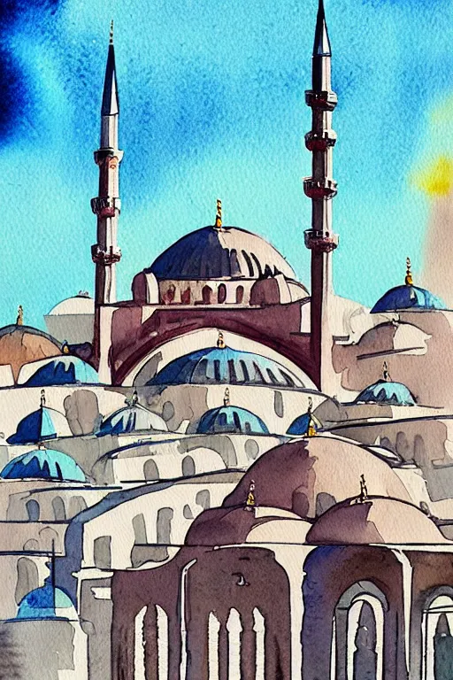 Image similar to a watercolor painting of a mosque in istanbul by fikret mualla saygı, behance, modern european ink painting, photoillustration, storybook illustration, watercolor