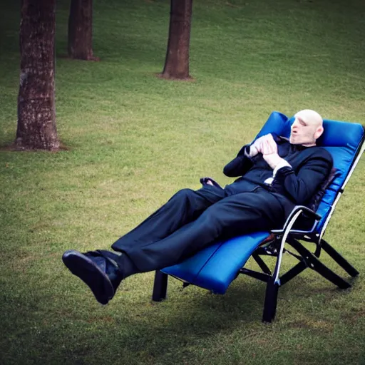 Prompt: photography of bald tall man, wearing black, asleep in a blue reclining chair, full length