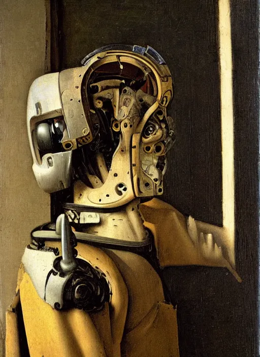 Prompt: cyborg cybernetic exoskeleton by Johannes Vermeer, renaissance style