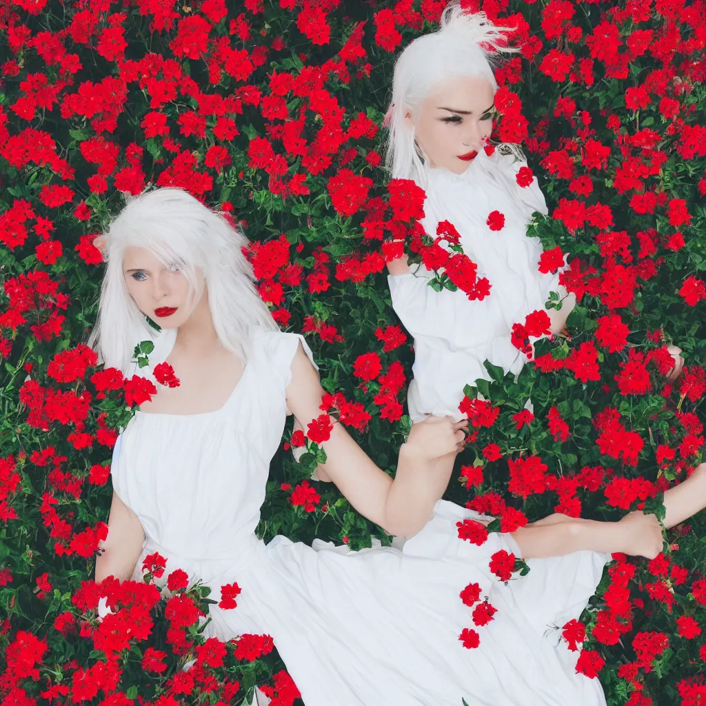 Image similar to girl with white hair in a white dress, red flowers, aesthetics, gradient